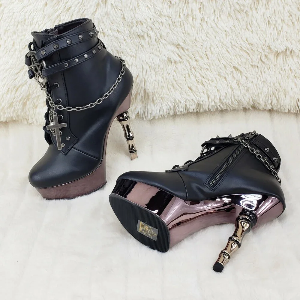 NIB MUERTO 1001 Finger Bone Heel Platform Biker Ankle Boots Charm Chain - Picture 9 of 12